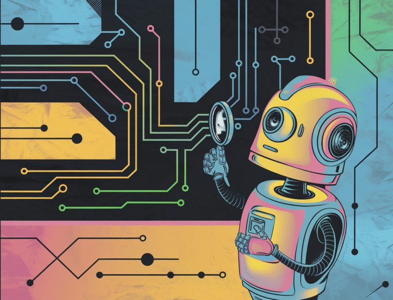An abstract technology circuit with vibrant colors and geometric elements, featuring a whimsical robot supervisor examining interconnected data streams. The robot supervisor has a round head with a camera eye and a small arm holding a magnifying glass. The background is a minimal avant-garde style with interconnected data streams in various shapes and sizes. The overall image has a futuristic and technological theme.