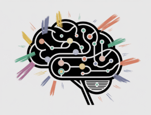 An abstract geometric illustration with a stylized brain. The brain is made of interconnected lines and nodes. There are playful strokes and colorful spirals throughout the illustration. The background is white.