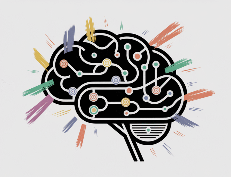 An abstract geometric illustration with a stylized brain. The brain is made of interconnected lines and nodes. There are playful strokes and colorful spirals throughout the illustration. The background is white.