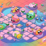 A playful and colorful illustration of a cartoonish abstract futuristic neural network. The network consists of interconnected memory nodes in the shape of cute creatures, each with a unique expression. The nodes are placed on a grid, with some floating in the air. There are subtle elements of digital data floating around, such as pixels and code snippets. The background is a vibrant pastel palette.