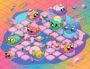 A playful and colorful illustration of a cartoonish abstract futuristic neural network. The network consists of interconnected memory nodes in the shape of cute creatures, each with a unique expression. The nodes are placed on a grid, with some floating in the air. There are subtle elements of digital data floating around, such as pixels and code snippets. The background is a vibrant pastel palette.