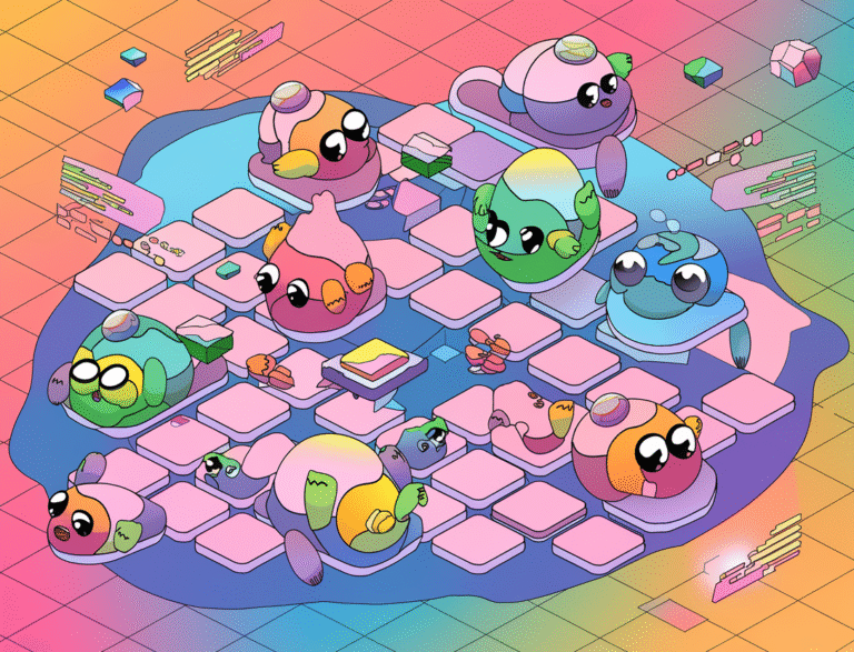 A playful and colorful illustration of a cartoonish abstract futuristic neural network. The network consists of interconnected memory nodes in the shape of cute creatures, each with a unique expression. The nodes are placed on a grid, with some floating in the air. There are subtle elements of digital data floating around, such as pixels and code snippets. The background is a vibrant pastel palette.