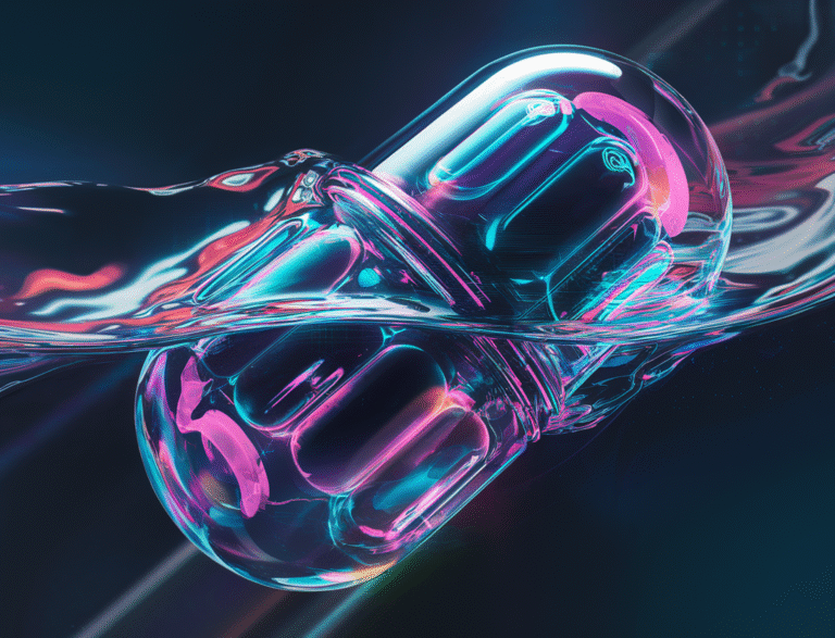 An abstract digital illustration with a futuristic mood. There is a capsule with tech-inspired shapes. The capsule is inside a digital cascade of water. The capsule and the water have vibrant neon colors. The background is dark.